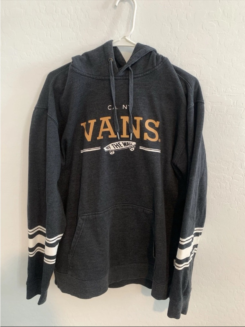 Vans Black Hoodie with Gold Logo and White Sleeve Stripes